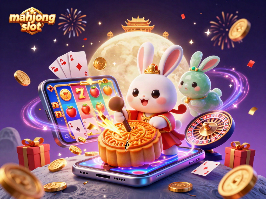 Engage with the mahjong slot experience featuring a moon rabbit, poker chips, and vibrant slot elements.