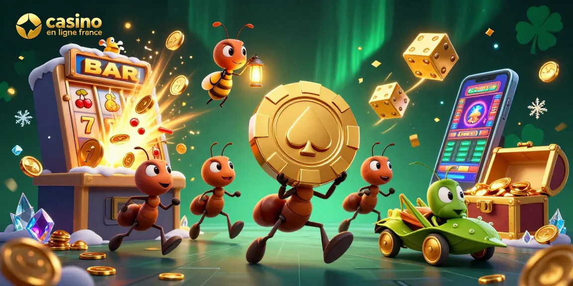 Illustration dynamique de casino en ligne France avec des fourmis et un casino.