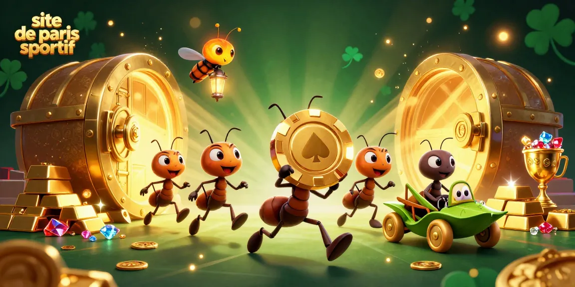 Les fourmis mènent une évasion avec un jeton de poker sur le site de paris sportif, entourées de trésors.