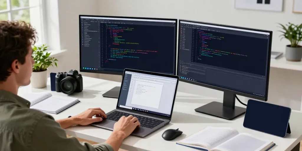 Developer using Notepad++ in a modern coding workspace with multiple screens and gadgets.