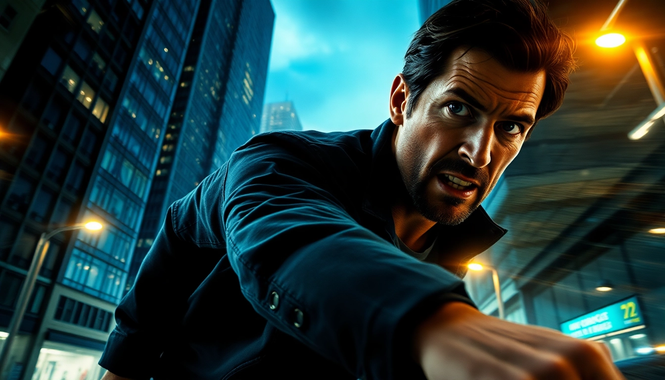Character in dynamic action akin to Like Reacher chasing through an urban landscape.