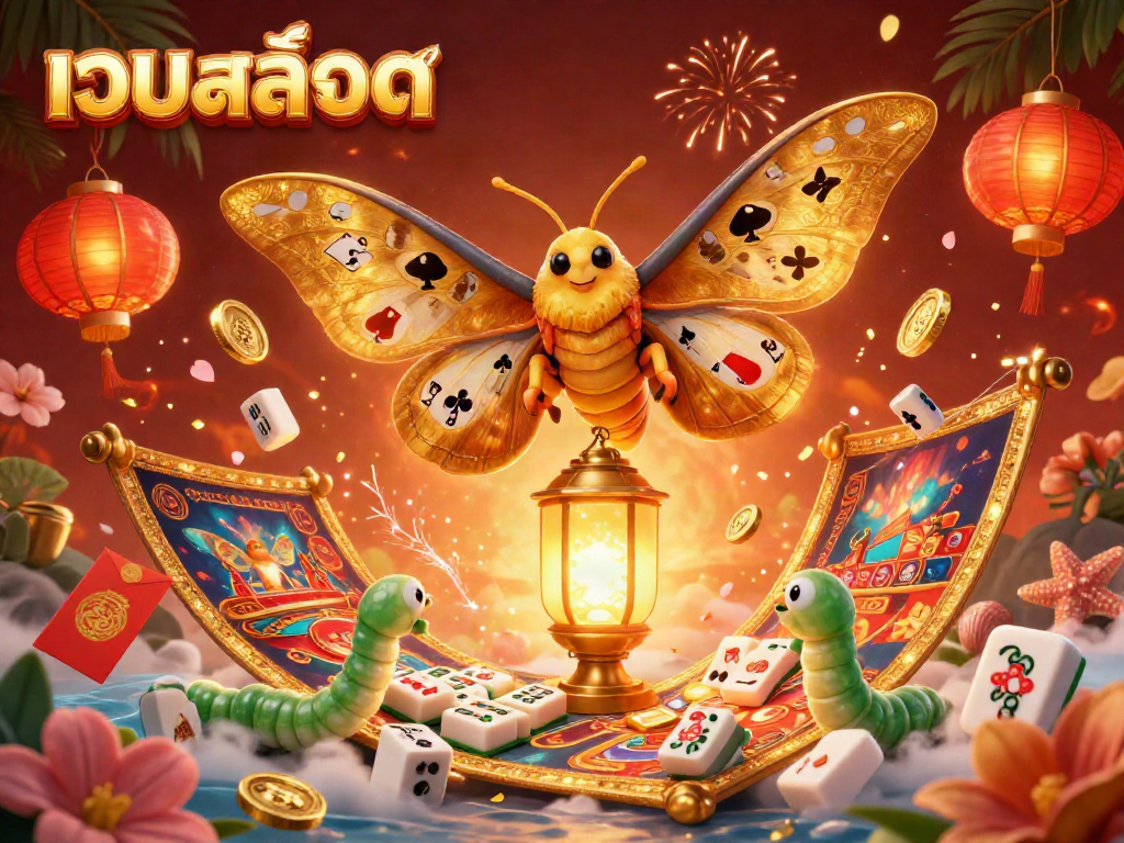 Experience thrilling เว็บสล็อต action with a vibrant, 3D casino scene featuring a majestic atlas moth and casino elements.