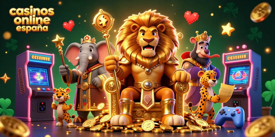 Vive la experiencia de los casinos online en España con un rey león en su trono de monedas de oro y personajes vibrantes.