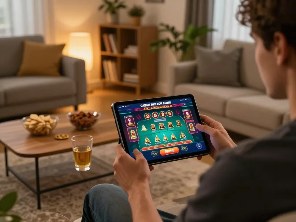 Casinò online italiani non aams gaming session at home with modern tablet and warm ambiance