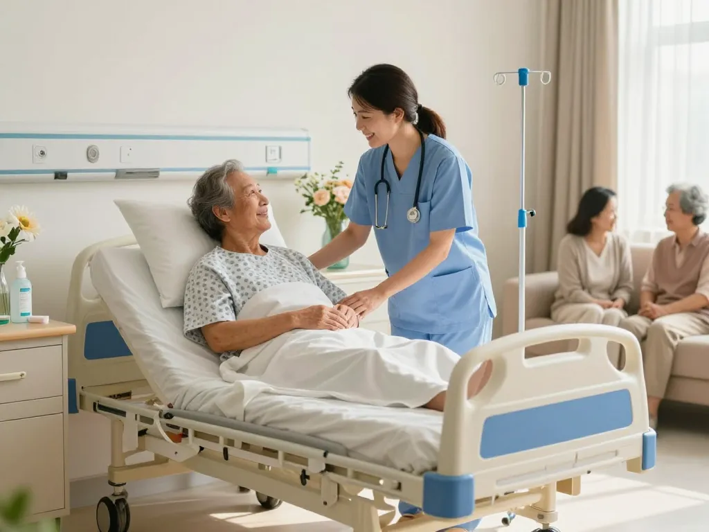 Adjustable giường bệnh nhân in a warm hospital room with caregiver assisting an elderly patient.