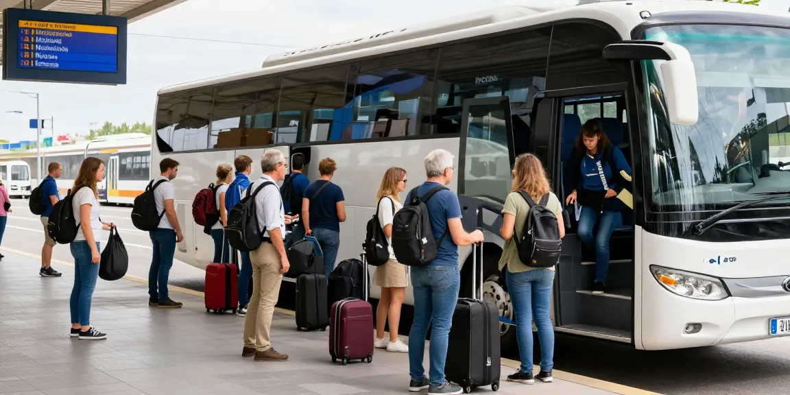 Transport Moldova Olanda - pasageri urcând în autocar modern, atmosfera vibrantă la stația de autobuz.