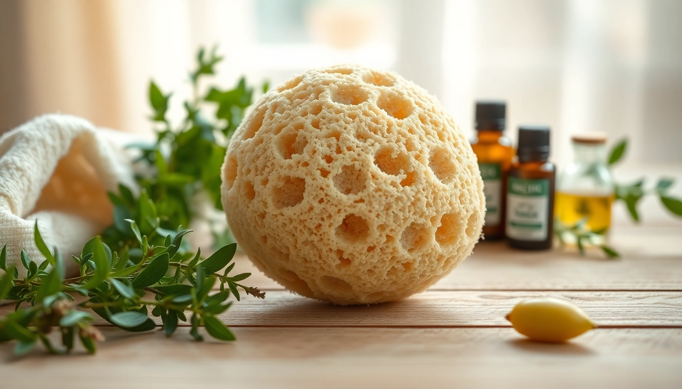 Inspecting a raw loofah sponge surrounded by calming herbs and oils for organic bathing.