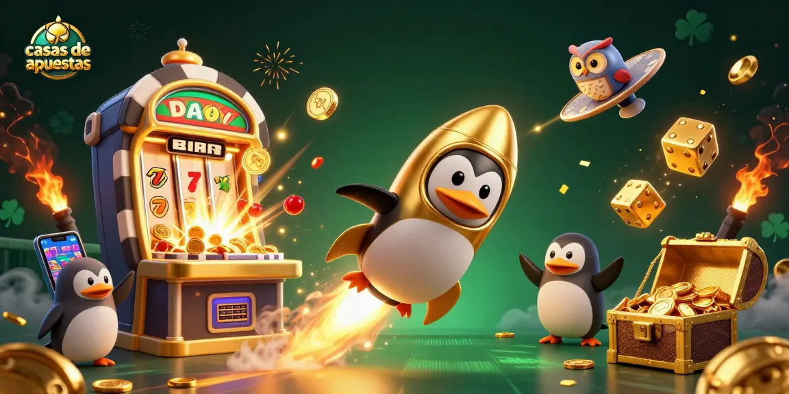 Participa en las casas de apuestas con un pingüino dorado y tragamonedas en un mundo de juegos emocionantes.