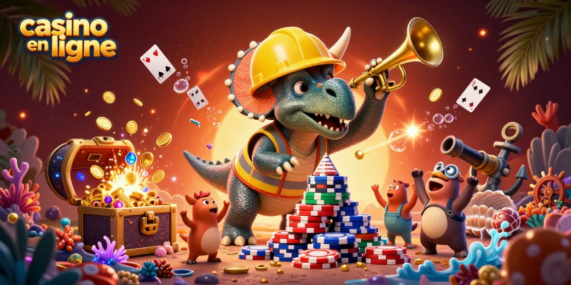 Casino en ligne : triceratops et parasaurolophus construisent un empire de jetons colorés.