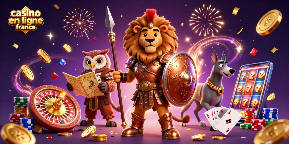 Visualisez casino en ligne France avec un lion spartiate, une chouette stratège et un lévrier, tous entourés d'éléments de jeu.