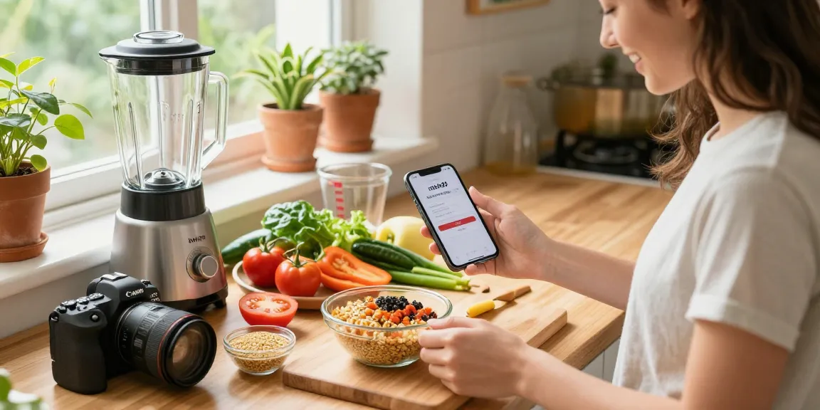 The young woman in a sunlit kitchen preparing a healthy meal while accessing rokok88 login on her smartphone.