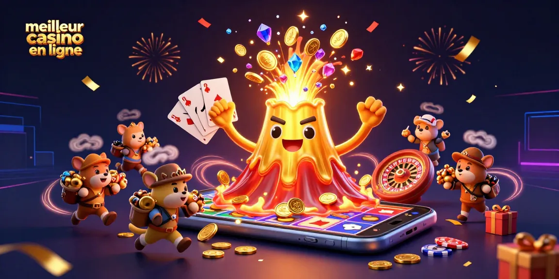 Obtenez des trésors au meilleur casino en ligne avec un volcan doré et des héros animés.