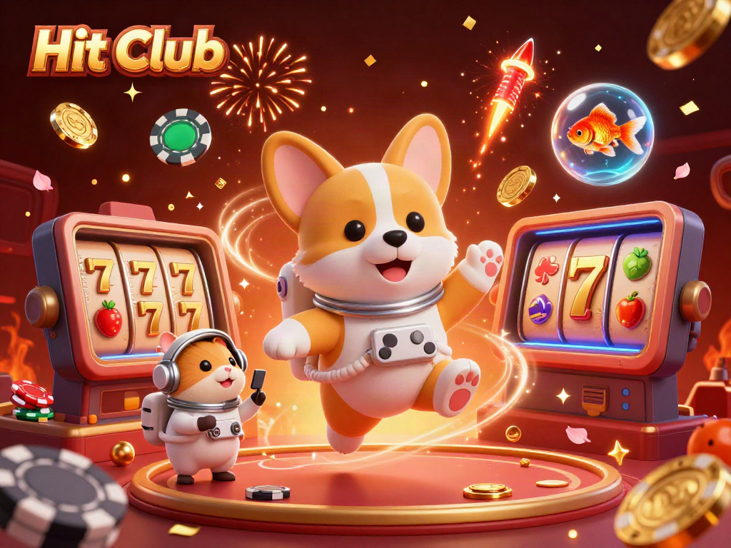 Engaging Hit Club casino scene with a floating astronaut corgi and dynamic game elements.
