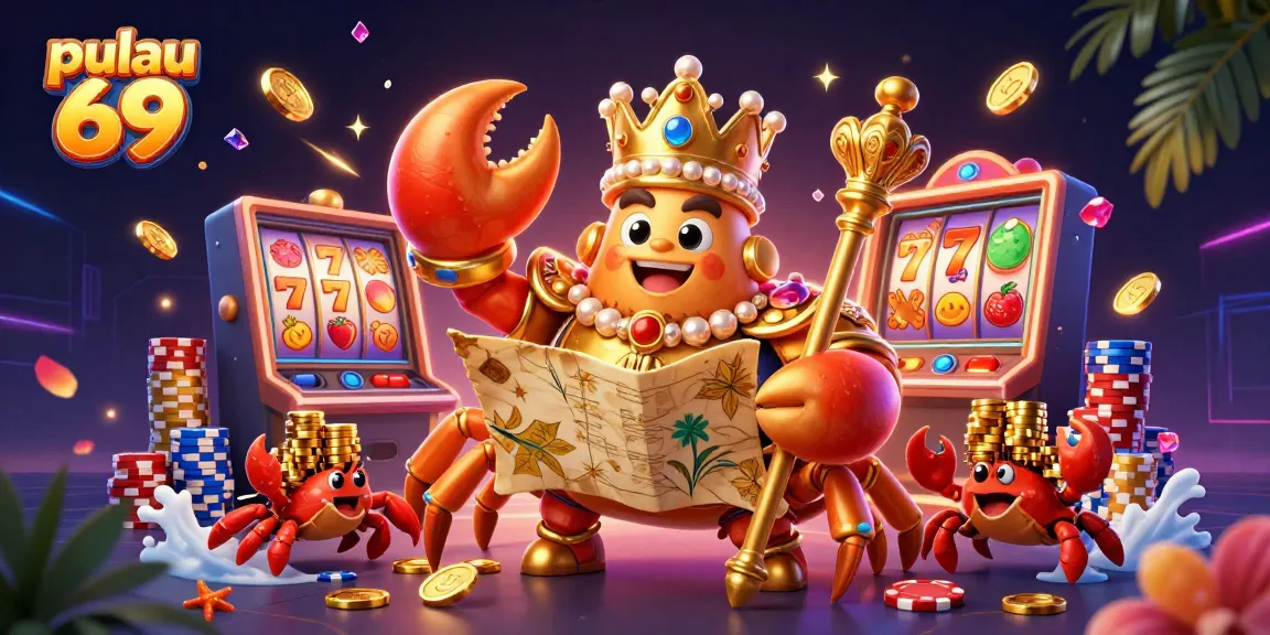 Play exciting slot games with pulau 69's golden crab emperor and treasure map, surrounded by riches.