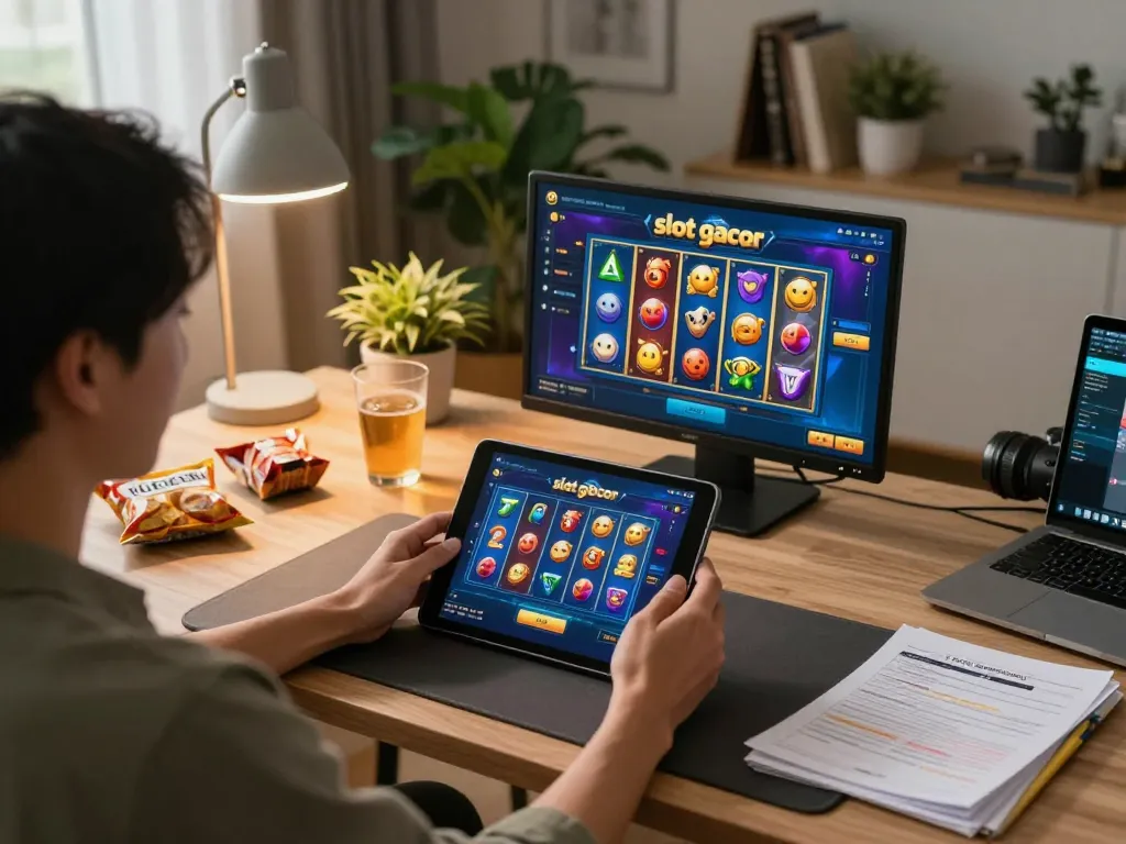Orang menikmati permainan "slot gacor" di tablet dalam pengaturan rumah yang nyaman, menyoroti permainan online yang santai