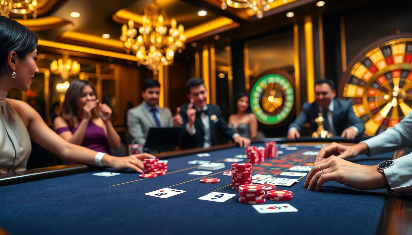 Exciting poker game at ev88's luxurious casino table filled with vibrant chips and cards.