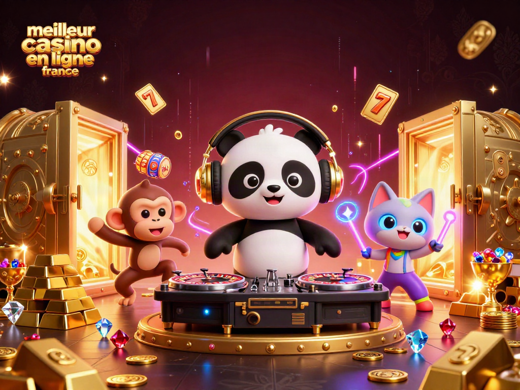 Découvrez le meilleur casino en ligne France avec cette illustration dynamique de DJ panda et amis en fête.