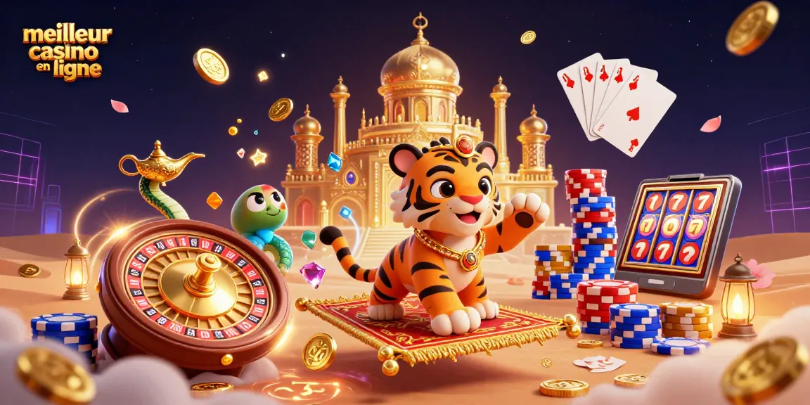 Jouez au meilleur casino en ligne avec un sultan tigre et des jetons de poker dorés.