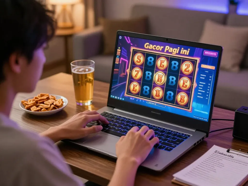 Engaging in slot gacor pagi ini gameplay with vibrant online interface during a cozy home session.