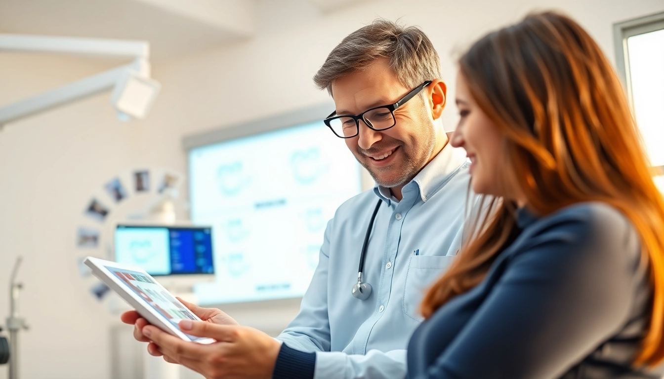 Orthodontist near by me consulting a patient in a bright, modern dental office.