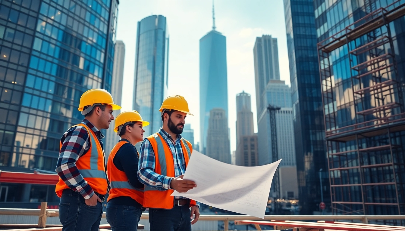 New York City General Contractor team on-site discussing project plans with urban backdrop.