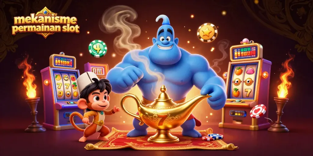 Gambaran mekanisme permainan slot dengan karakter genie dan simbol slot berwarna-warni dalam desain yang dinamis.