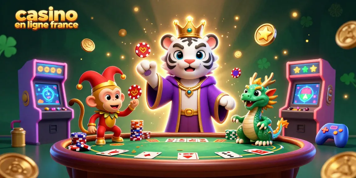 Jouez à des casinos en ligne en France avec un tigre élégant, un singe jongleur et des éléments de jeu dynamiques.