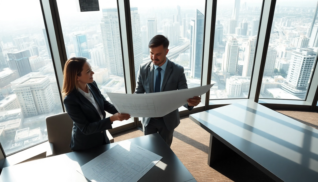 Building developer analyzing plans for a new urban project in a modern office