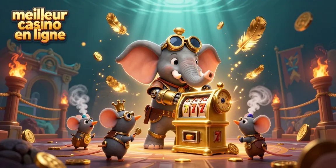 Illustration dynamique "meilleur casino en ligne" avec éléphant steampunk et machines à sous.