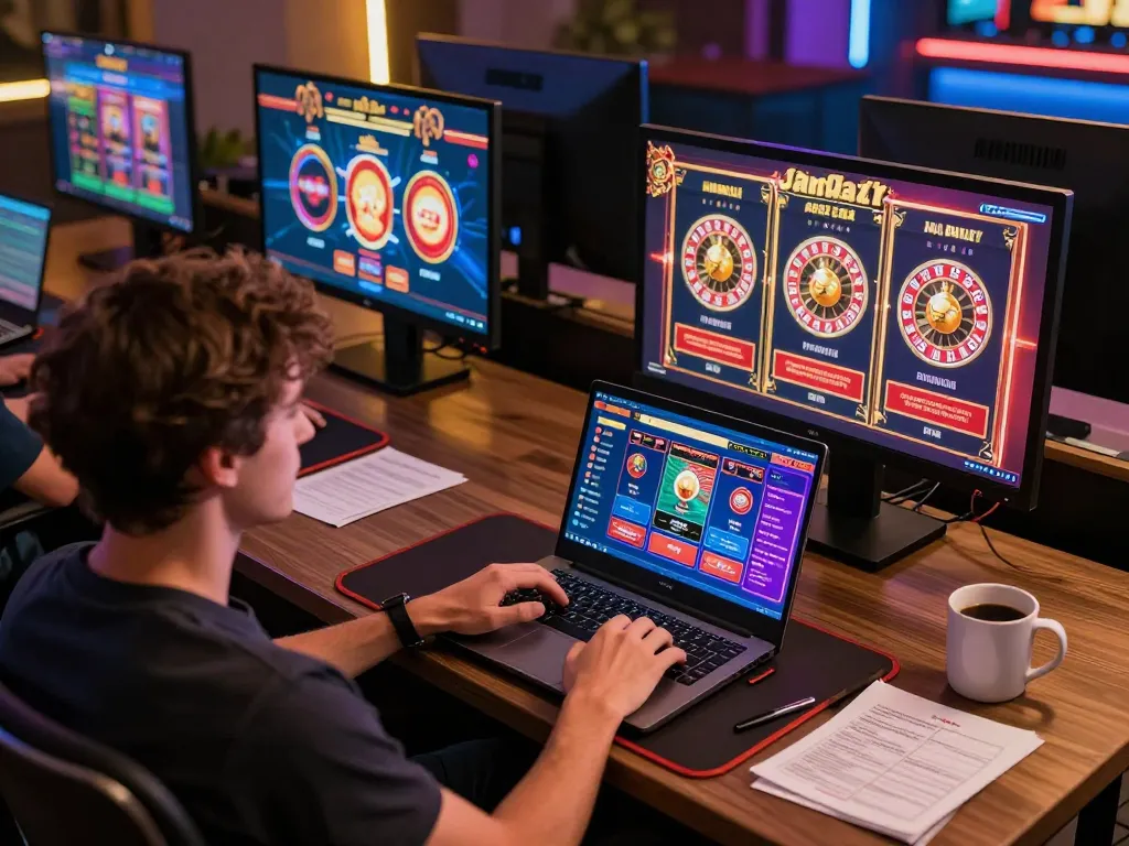 Engaging in casino non aams online gaming with a laptop, showcasing poker and slot games.