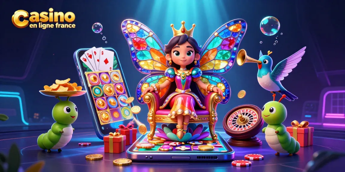 Découvrez le casino en ligne France avec une reine papillon et des éléments de jeu colorés.