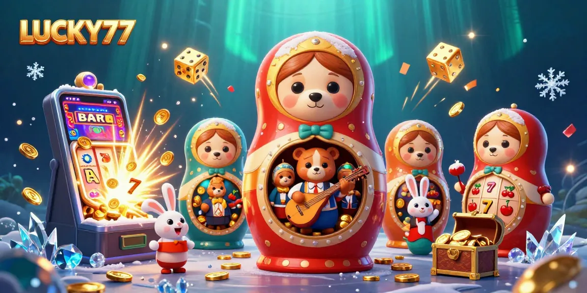 Spin and win with LUCKY77 as a Matryoshka bear leads a vibrant casino celebration.
