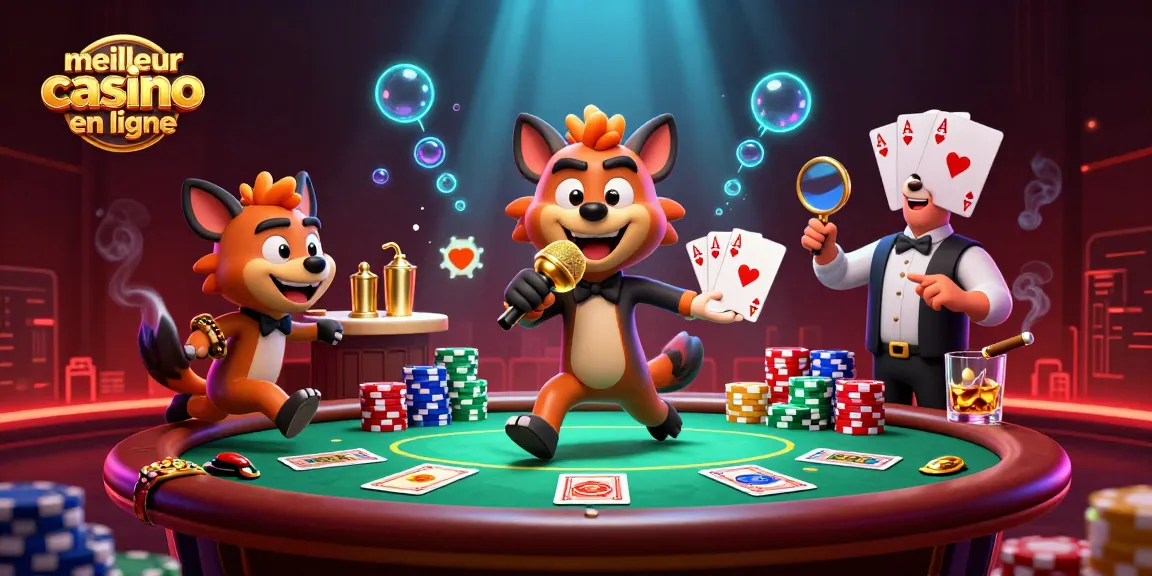 Illustration amusante mettant en scène le meilleur casino en ligne avec des hyènes, offrant des jeux de poker et des cocktails raffinés.