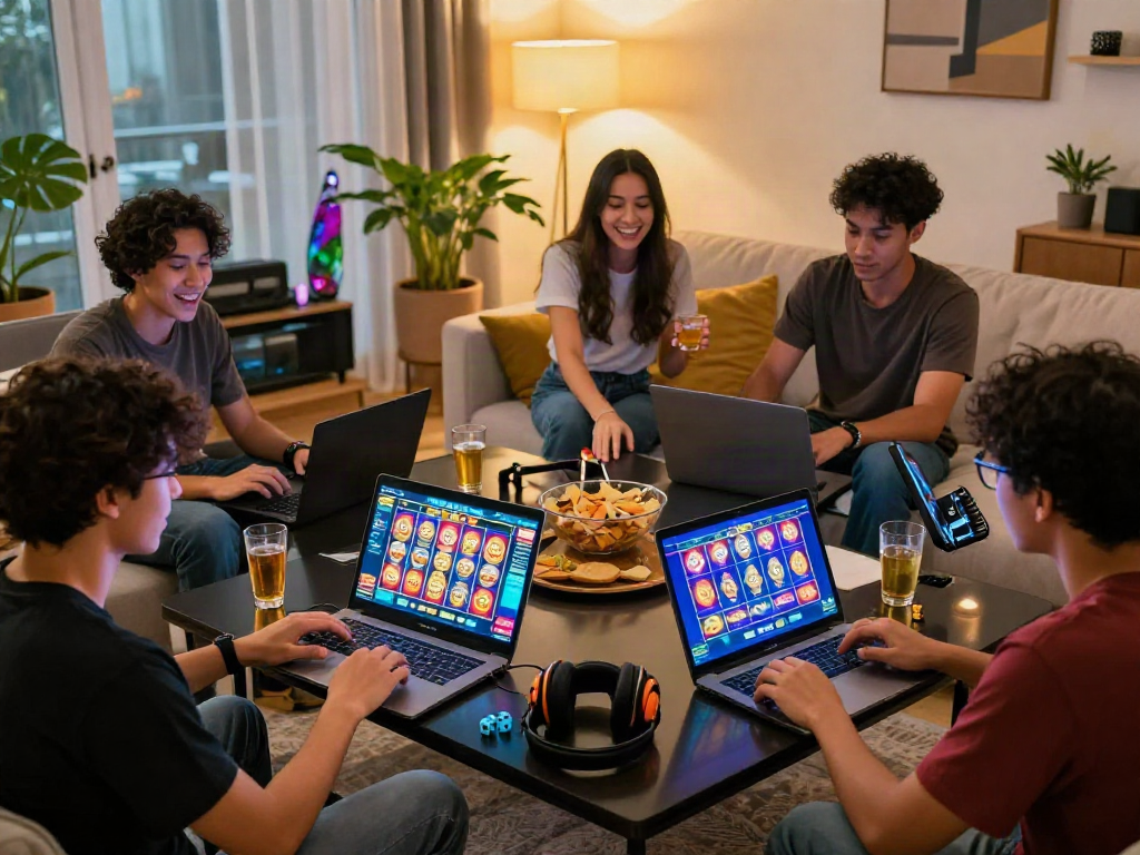 Players enjoying slot luar negeri games in a cozy online casino setting, showcasing excitement and camaraderie.