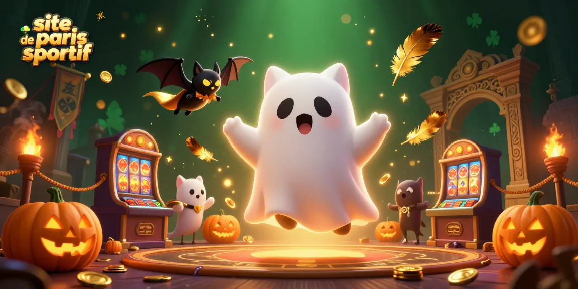 Plongez dans l'univers du site de paris sportif avec un chat fantôme, une chauve-souris vampire et des citrouilles illuminées.