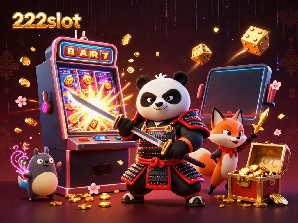 Menangkan jackpot besar di 222slot dengan samurai panda dan teman-teman dalam ilustrasi kasino yang menarik.