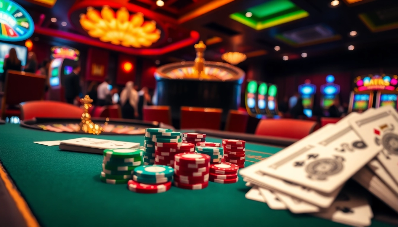Capturez l'excitation de meilleure casino en ligne avec une scène de poker vibrante et une roue de roulette.