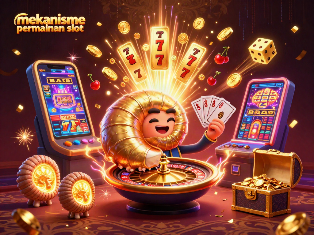 Mekanisme permainan slot menyajikan romansa penuh warna dengan simbol jackpot dan karakter kartun futuristik.