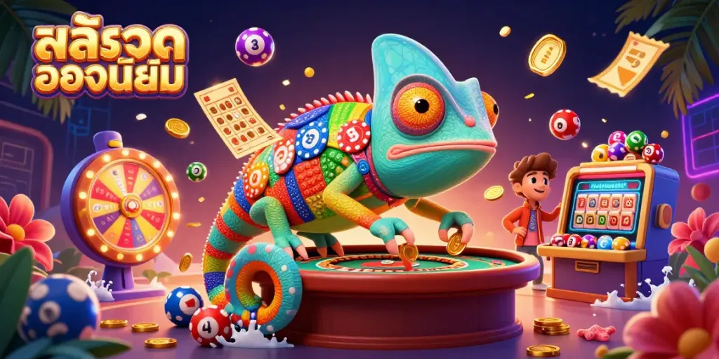 Experience vibrant gaming action with สล็อตยอดนิยม featuring a colorful casino scene with a charming chameleon and thrilling elements.
