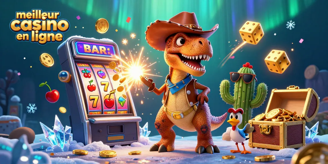 Visualisez le meilleur casino en ligne avec un dinosaure T-Rex et éléments de jeux captivants.