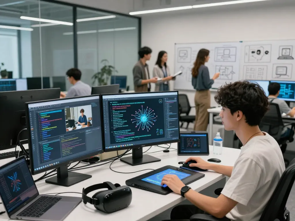 Data scientist analyzing AI-generated prompts and images with advanced technology in a modern lab for image to prompt ai.