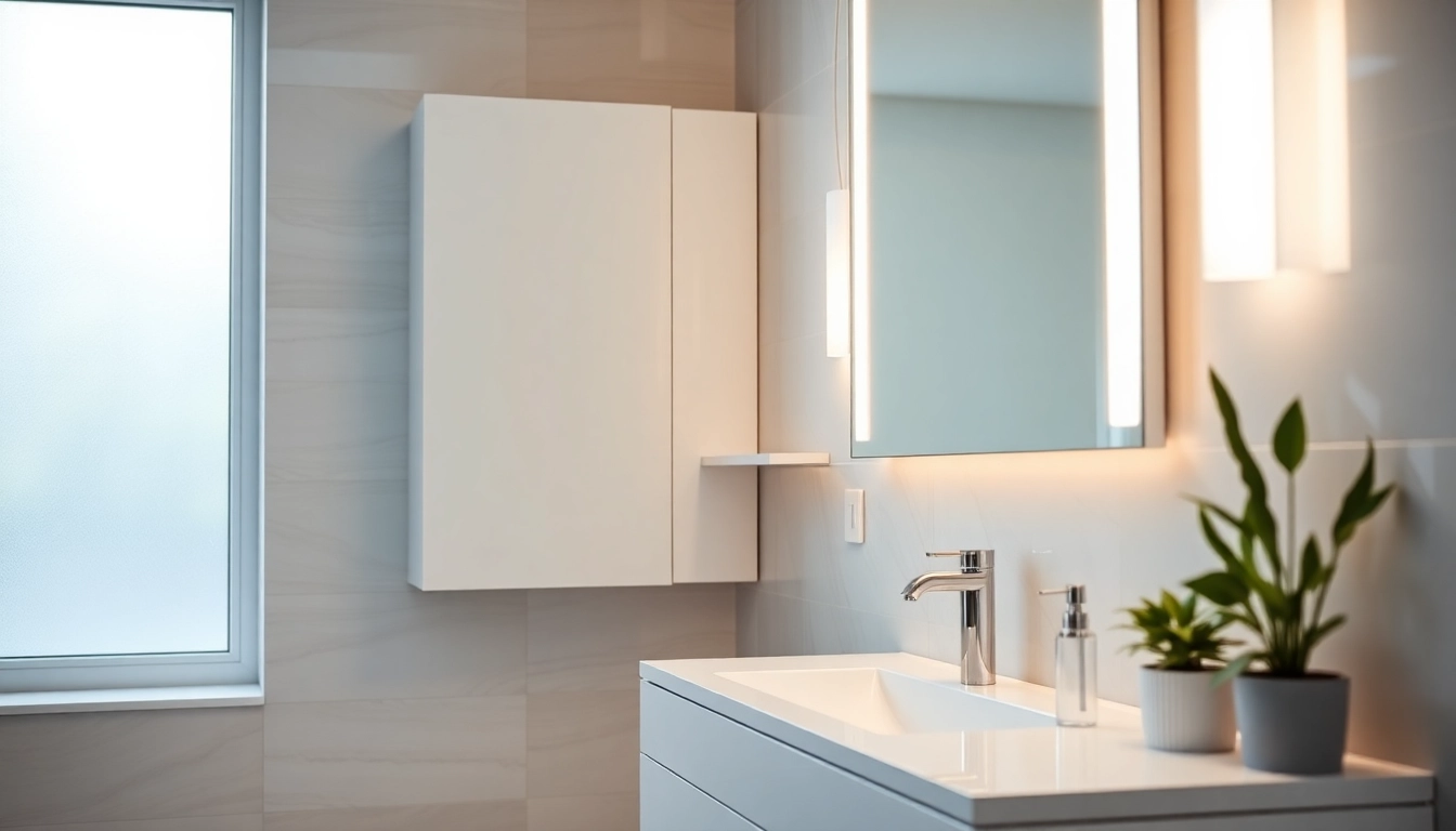 Spiegelschrank mit LED Beleuchtung im modernen Badezimmer mit elegantem Design.