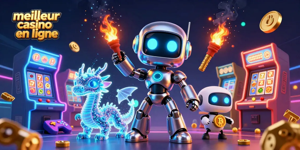 Illustration du meilleur casino en ligne avec un robot mascotte et un dragon IA dans un décor animé