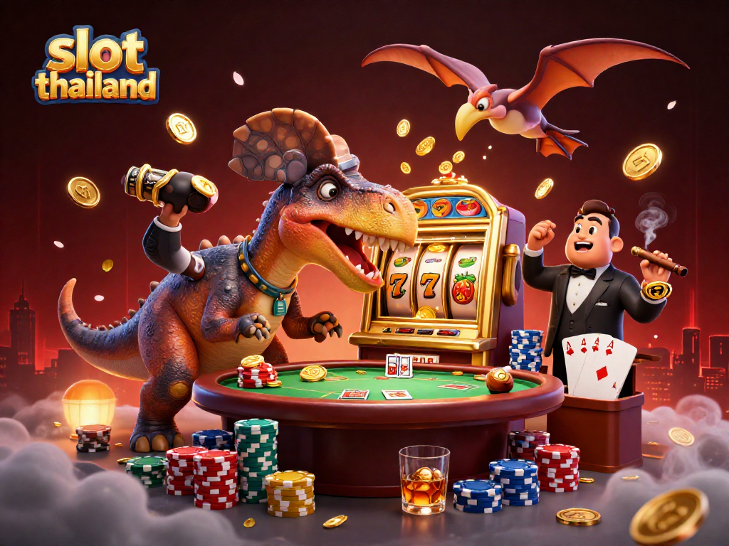 Experience the excitement of slot thailand with a dinosaur engaging a slot machine for a jackpot