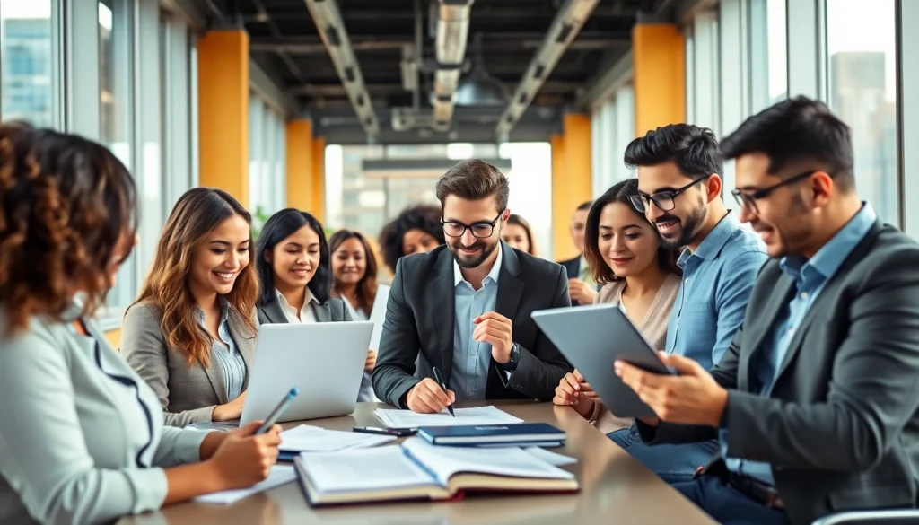 Collaborating professionals searching for new york jobs in a bright office.