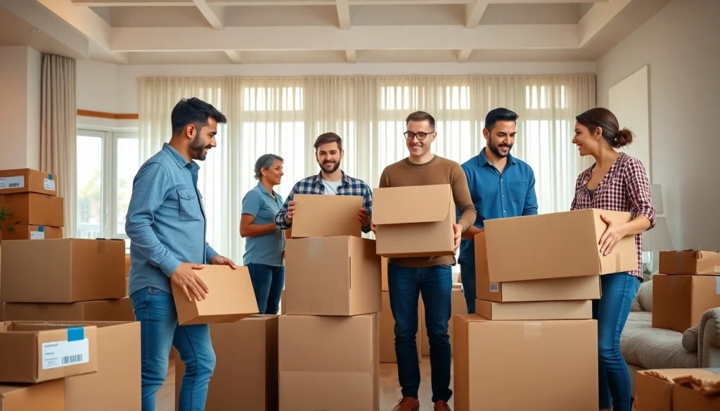 Efficient team providing Toronto moving services in a modern living room, showcasing collaboration.