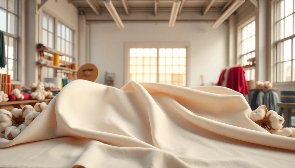 Katoen stof in een moderne studio omringd door kleurrijke garens en gereedschappen.