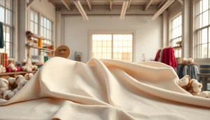 Katoen stof in een moderne studio omringd door kleurrijke garens en gereedschappen.