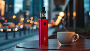 Vozol vaping device displayed with modern city background, emphasizing sleek design and lifestyle.