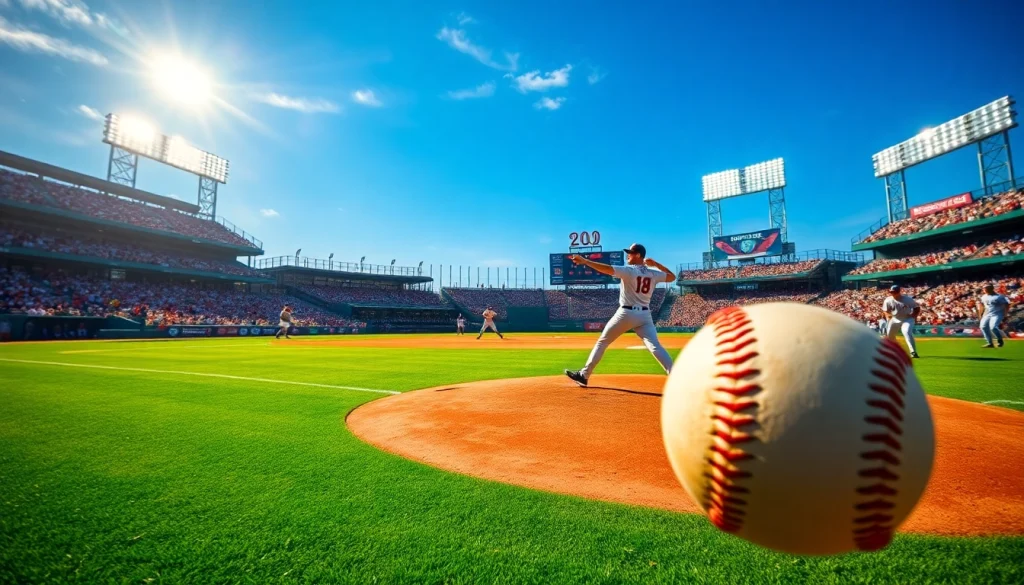 mlb중계 경기에서 투수가 공을 던지기 전 모습, 환호하는 관중과 함께 생동감 넘치는 장면